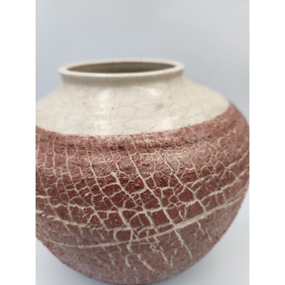 Artist Signed Large Dark Pink/Black Textured Raku Fired Round Vase 7"H - Picture 3 of 10